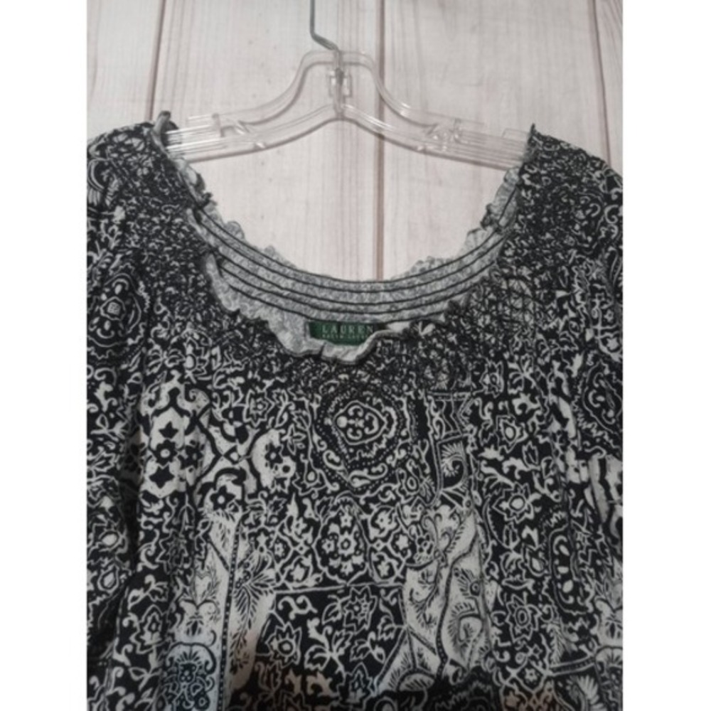 Lauren Ralph Lauren Black White‎ Paisley Smocked Peasant Blouse Top Large Cotton - Picture 3 of 7
